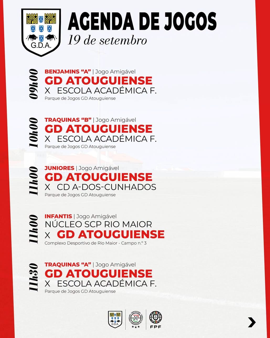 Agenda de Jogos do GD Atouguiense: 19 de Setembro com Benjamins, Traquinas, Juniores e Infantis!